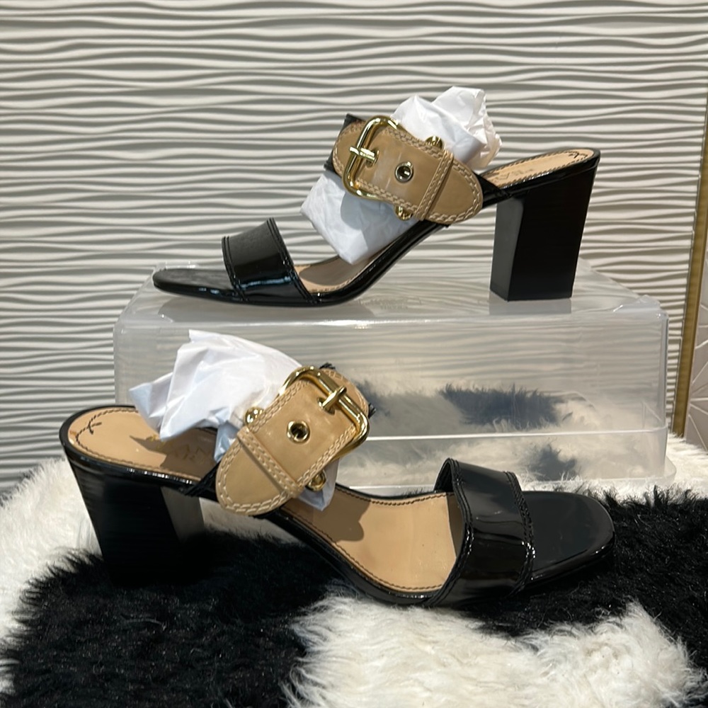 Franco Sarto patent leather black and beige gold buckle block heel.size 9M.